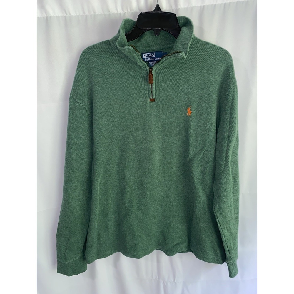 Polo Ralph Lauren 1/4 Zip Pullover Sweater Green Cotton Men's Large Orange Pony